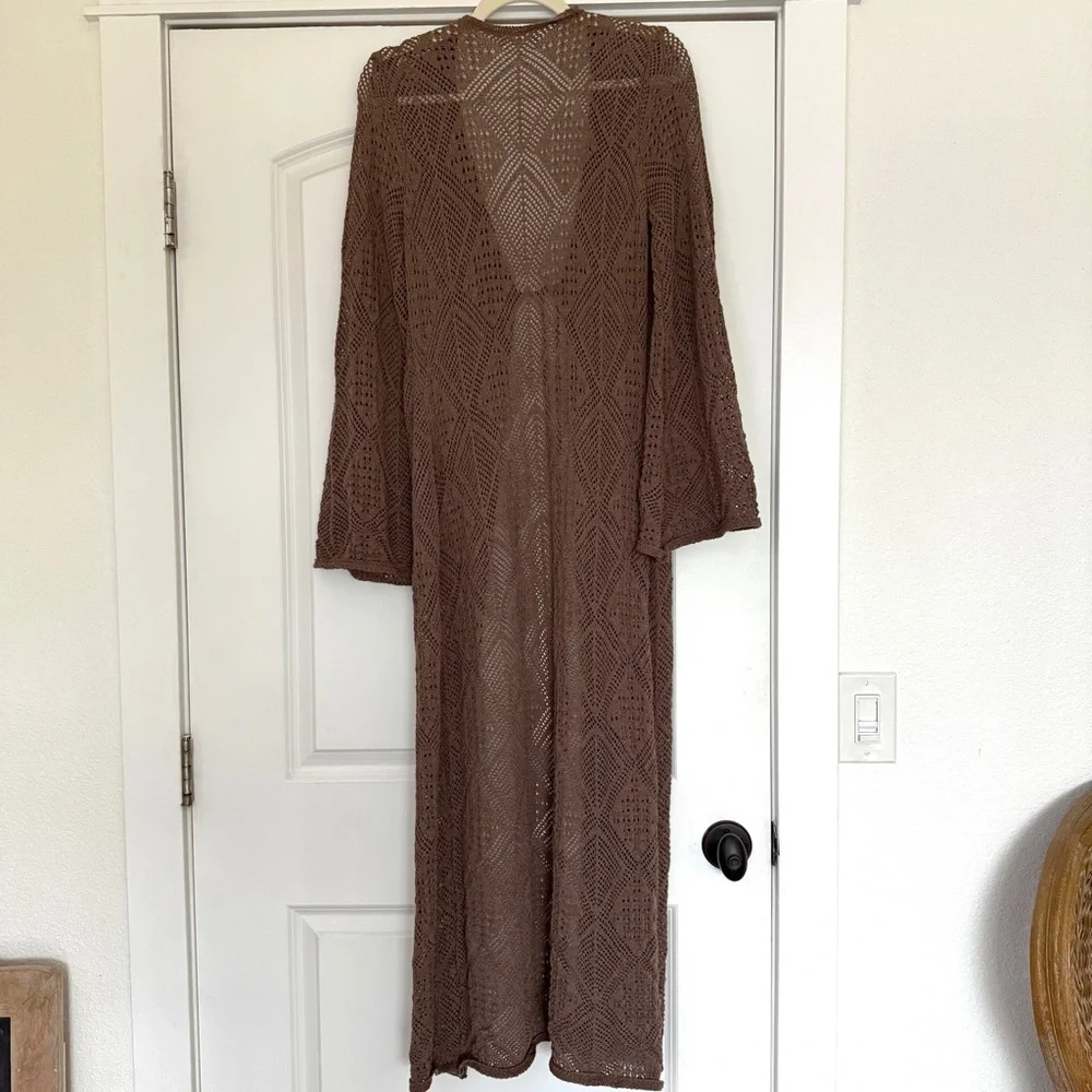 Promesa Pointelle Crochet Knit Cardigan Mocha Long Duster Boho Festival Small